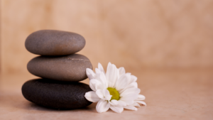 Peace rocks and a flower symbolizing trauma healing and self-worth restoration