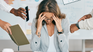 Woman stressed and emotionally exhausted from burnout related to relational trauma”